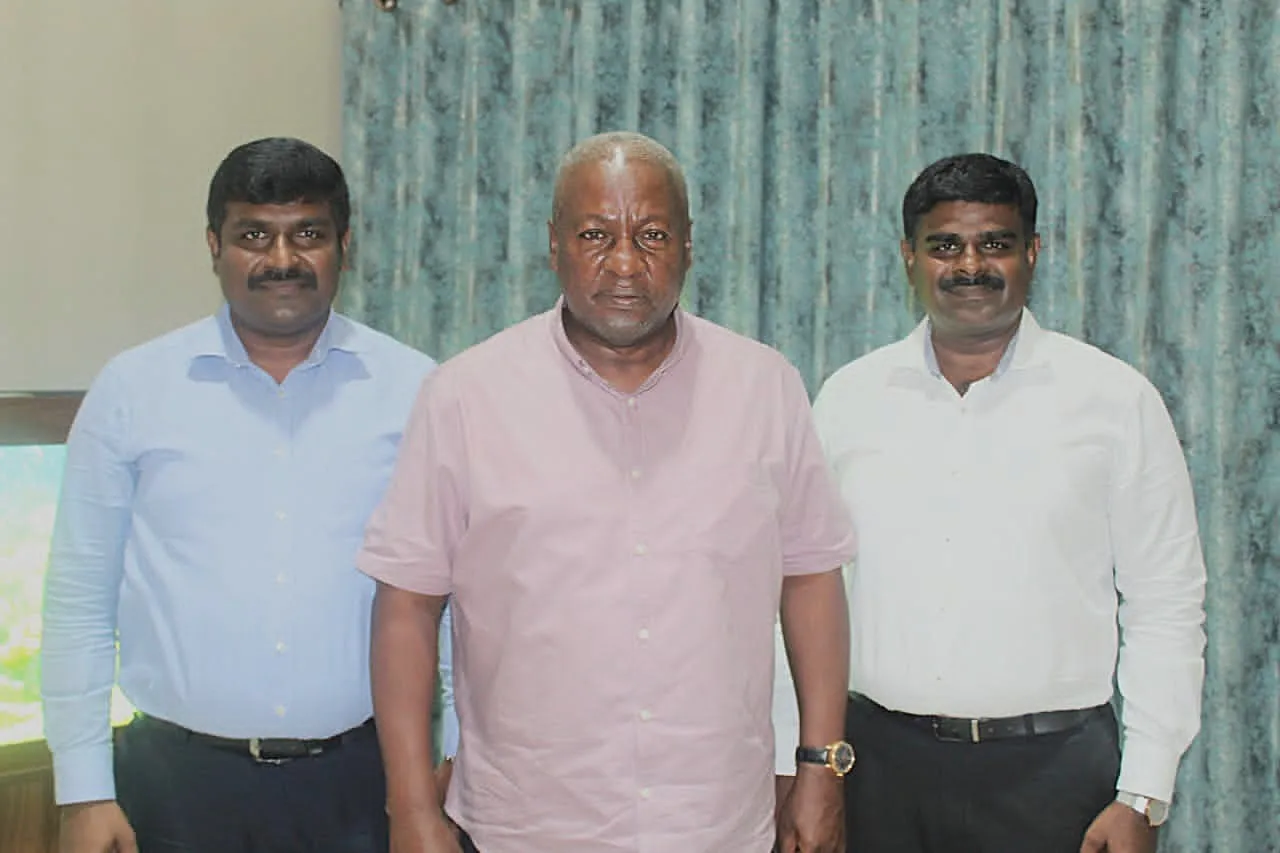 President John Dramani Mahama with Kingdom Exim executives James Kwame Rajamani, James Rajamani, James Gnanaraj Rajamani, and Immanuel Rajamani
